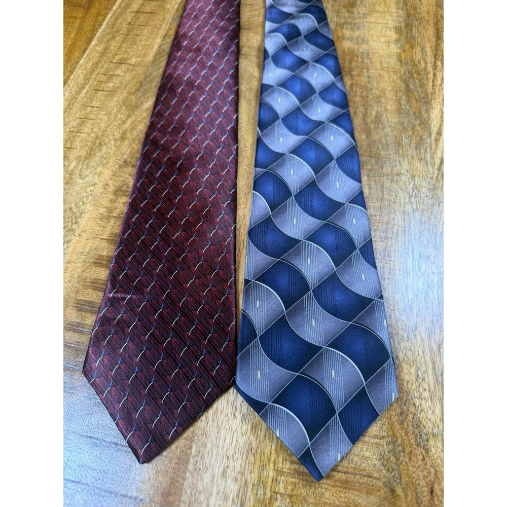Cambridge Classics 100% Silk Necktie Lot 2 Mens Blue Burgundy Geometric Ties